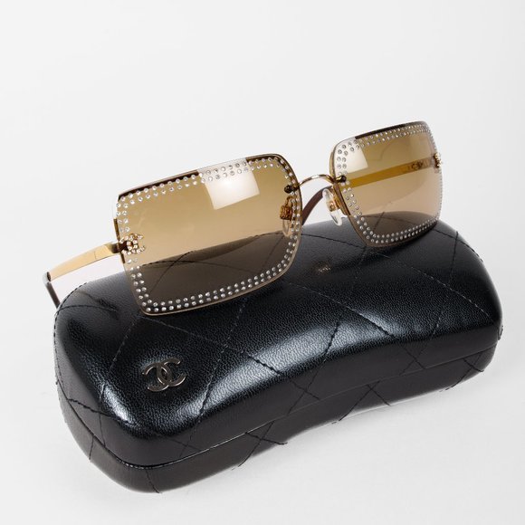 CHANEL Accessories - Chanel CC Gold Rhinestone Square Sunglasses